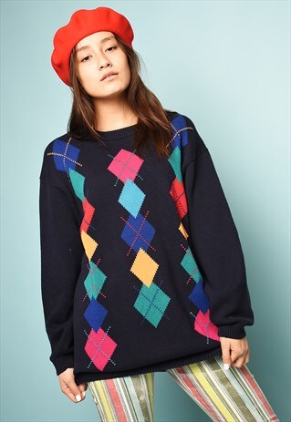 VINTAGE 80S RETRO ARGYLE PRINT OVERSIZED JUMPER IN NAVY BLUE