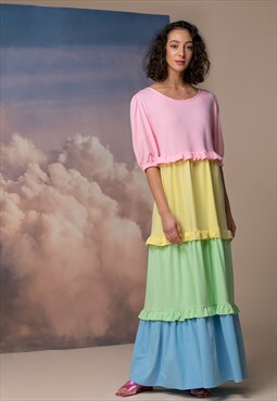 Rainbow Cotton Maxi Dress, Puff Sleeve Dress, Ruffle Dress