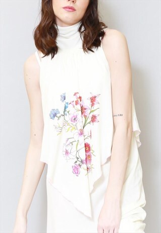 VINTAGE 1970'S WHITE FLORAL PRINT PRAIRIE MIDI DRESS