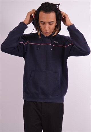 FILA MENS VINTAGE HOODIE JUMPER LARGE NAVY BLUE 90S