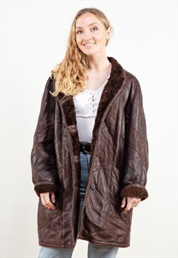 Vintage 70's Leather Sheepskin Coat in Brown