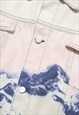 LANDSCAPE DENIM JACKET MOUNTAIN PRINT JEAN BOMBER IN BLUE
