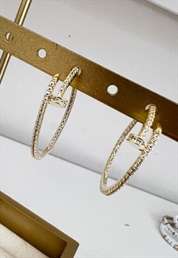 Gold & Zircon Screw Effect Hoop Earrings