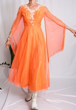 60s vintage prom evening dress orange tulle and flowers