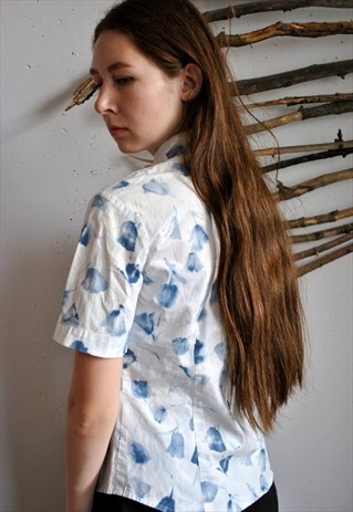 90S WATERCOLOR WHITE SHIRT, VINTAGE FLOWERS SUMMER BLOUSE