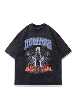 Dog print t-shirt old metalcore tee retro grunge top in grey
