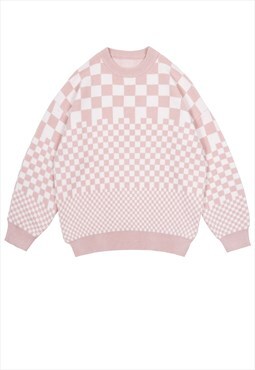 Chequer board sweater knitted chess jumper check top pink