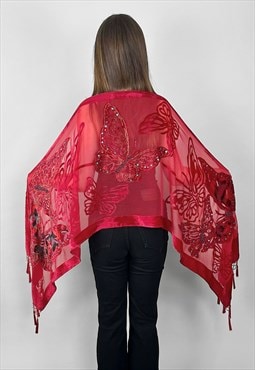 Vintage Style Velvet Sheer Butterfly Red Beaded Sequin Scarf