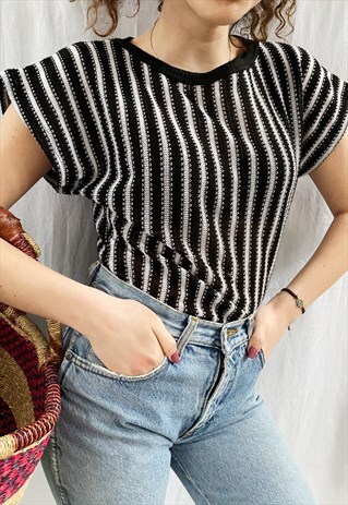 VINTAGE 70S PARISIAN STRIPED KNIT HAUTE BOHEME BLOUSE TOP