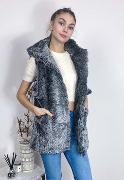 Longline Oversized Faux Fur Gilet With Hood In Grey