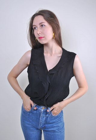 80S VINTAGE BLACK WOMEN RUFFLE SLEEVELESS BLOUSE