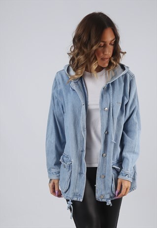 DENIM JACKET LONG HOODED LONGLINE VINTAGE UK 10 - 12 (HWBY)