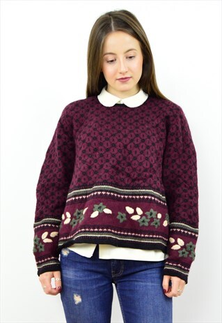 VINTAGE 90S AUBERGINE FLORAL PATTERNED CROPPED WOOL JUMPER