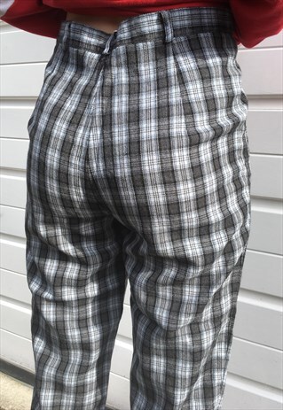 WOMENS VINTAGE 80S CHECKED TROUSERS HIGH WAISTED PANTS WOOL