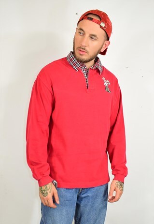 VINTAGE 90S BUGS BUNNY RED CHECK COLLAR RUGBY POLO SHIRT