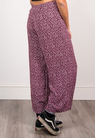 90'S VINTAGE BURGUNDY DITSY PATTERNED WIDE LEG TROUSERS
