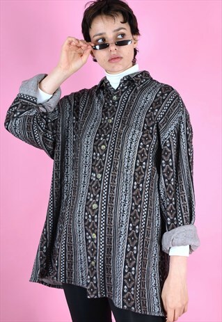 VINTAGE 90S FLANNEL SHIRT BLACK WHITE BROWN PATTERNED
