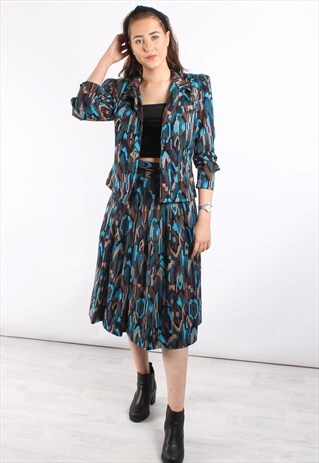 VINTAGE 80S SKIRT SUIT IN TURQUOISE GEOMETRIC PRINT