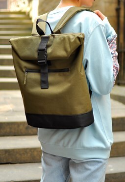 Khaki Roll top laptop backpack 