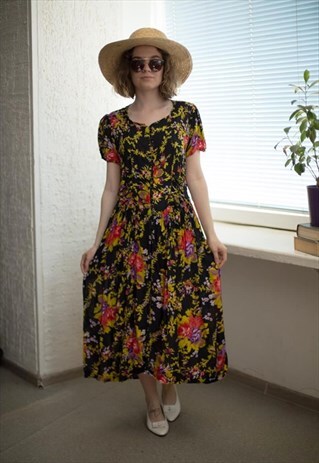 VINTAGE 80'S BLACK FLOWER PATTERNED BUTTON UP DRESS