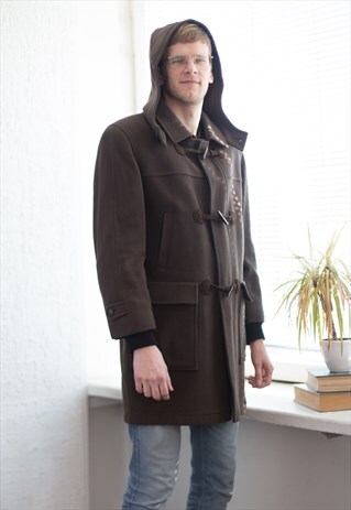 VINTAGE 90'S WOOL HOODED PARKA COAT IN KHAKI/BROWN