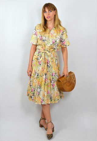 VINTAGE 50S PASTEL YELLOW & PINK FLORAL SUMMER MIDI DRESS