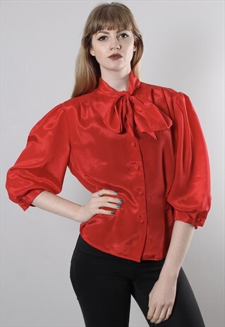 VINTAGE 80S SATIN RED TIE NECK PUFF SLEEVE BLOUSE