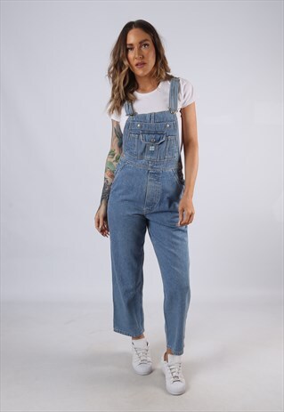 VINTAGE DENIM DUNGAREES WIDE TAPERED LEG UK 8 XS (C3E)
