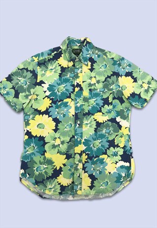 VINTAGE BRIGHT GREEN BLUE FLORAL SHORT SLEEVED SUMMER SHIRT