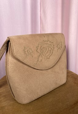 Vintage 90's beige suede leaf pattern shoulder bag boho 
