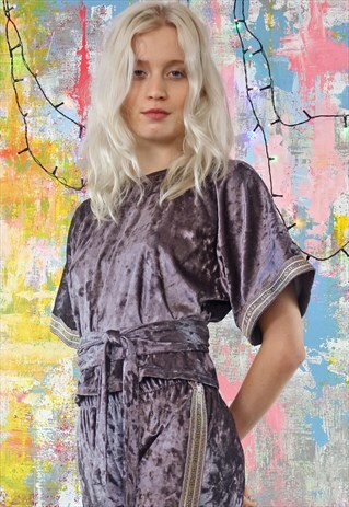 SILVER BLUE VELVET KIMONO SLEEVE TOP