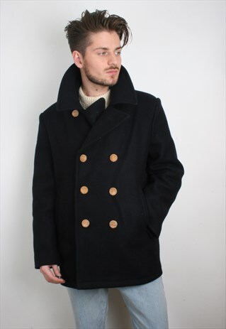 VINTAGE NAVY BLUE WOOL MIX DOUBLE BREASTED PEA COAT JACKET