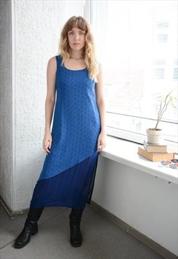 Vintage Blue Patterned Midi Double Layer Midi Dress