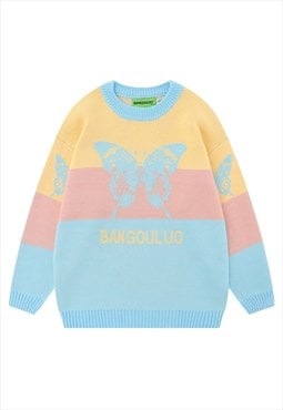 Kawaii sweater knitted butterfly jumper color block top blue