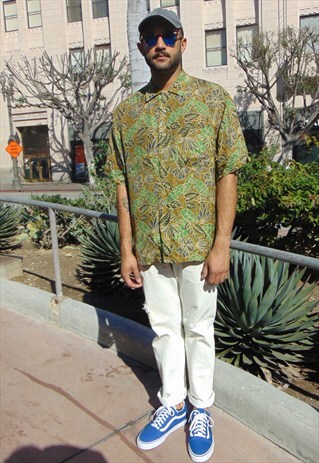 90S LUXURY HAWAIIAN FLORAL PALM LEAF PATTERN SHIRT LARGE