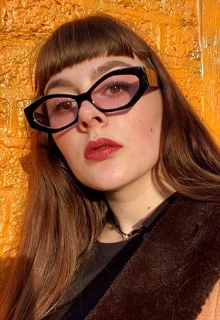 VINTAGE INSPIRED SUNGLASSES EDGY OVAL SHAPE IN BLACK & PINK