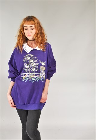 VINTAGE PURPLE BIRD PRINTED COLLARED SWEATSHIRT