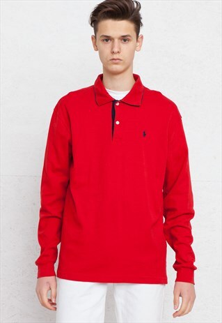 90S VINTAGE RED POLO RALPH LAUREN LONG SLEEVE POLO SHIRT TOP