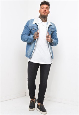 LIQUOR N POKER - BORG COLLAR DENIM JACKET IN STONEWASH