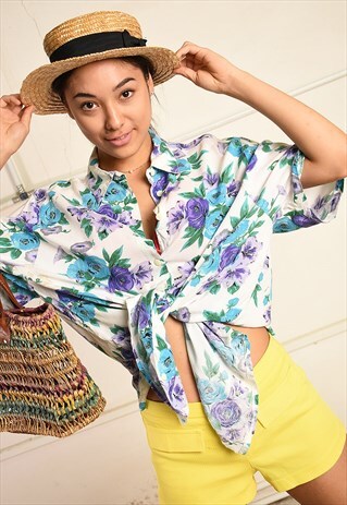 90'S RETRO FLORAL PRINT FESTIVAL PARIS CHIC BLOUSE TOP