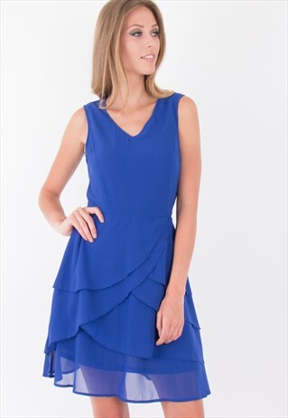 BLUE V NECK SLEEVELESS ASYMMETRIC LAYERED CHIFFON DRESS
