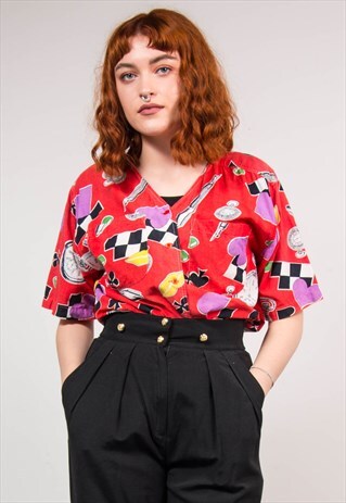 VINTAGE 90'S RED WAVEY CLOCK PATTERN COLLARLESS SHIRT BLOUSE