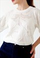 FINE KNIT VINTAGE TOP 90S T-SHIRT CREAM WHITE COTTAGE GRANNY