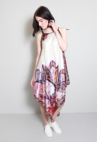 VINTAGE STYLE WHITE VIBRANT FLORAL SILK MIX DRESS