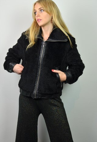 VINTAGE 90S BLACK FAUX FUR ZIP CROPPED BOMBER JACKET