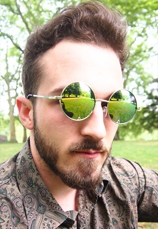 GREEN REFLECTIVE CIRCLE FRAME SUNGLASSES