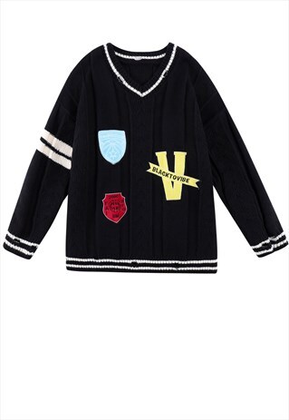 VARSITY STRIPED SWEATSHIRT KNITTED JUMPER IN BLACK