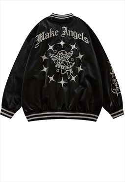 Angel varsity jacket patched bomber retro coat in black