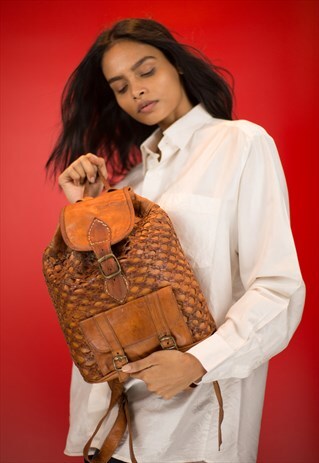 VINTAGE 90S Y2K BROWN LEATHER BACKPACK RUCKSACK BRAIDED