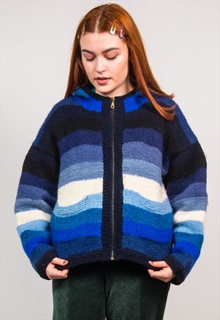VINTAGE 90'S BLUE STRIPED THICK GRUNGE KNIT JACKET